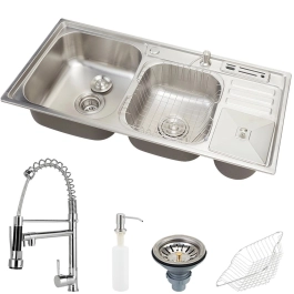 Kit Cuba para Cozinha Pia Dupla em Aço Inox com Acessórios com Lixeira Nukini e Torneira Gourmet Munim Prata