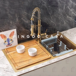 Kit Cuba para Cozinha Pia Dupla em Aço Inox com Acessórios e Tábua de Corte Awá Dourado