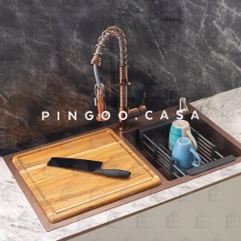 Kit Cuba para Cozinha Pia Dupla em Aço Inox com Acessórios e Tábua de Corte Awá Dourado Rose