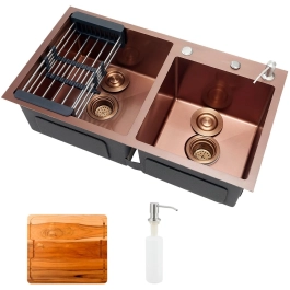 Kit Cuba para Cozinha Pia Dupla em Aço Inox com Acessórios e Tábua de Corte Awá Dourado Rose
