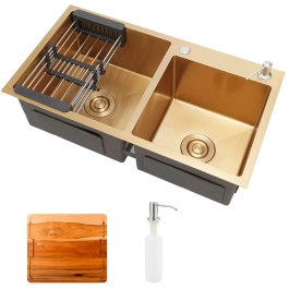 Kit Cuba para Cozinha Pia Dupla em Aço Inox com Acessórios e Tábua de Corte Awá Dourado