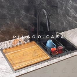 Kit Cuba para Cozinha Pia Dupla em Aço Inox com Acessórios e Tábua de Corte Awá Preto