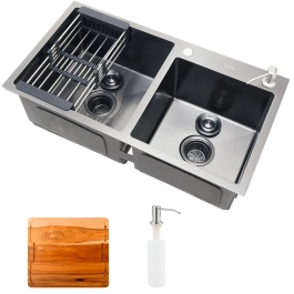 Kit Cuba para Cozinha Pia Dupla em Aço Inox com Acessórios e Tábua de Corte Awá Preto