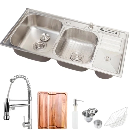 Kit Cuba para Cozinha Pia Dupla em Aço Inox Nukini com Acessórios Lixeira e Tábua de Corte e Torneira Gourmet Munim Prata