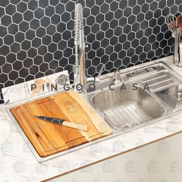 Kit Cuba para Cozinha Pia Dupla em Aço Inox Nukini com Acessórios Lixeira e Tábua de Corte Prata