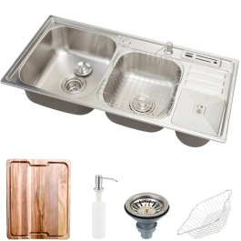 Kit Cuba para Cozinha Pia Dupla em Aço Inox Nukini com Acessórios Lixeira e Tábua de Corte Prata