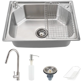 Kit Cuba para Cozinha Pia Inox Com Acessórios Guarani e Torneira Monocomando Gourmet Extensível  Iriri Prata