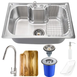 Kit Cuba para Cozinha Pia Inox com Acessórios Tábua e Lixeira Carajás e Torneira Gourmet Monocomando Extensível Iriri Prata Escovado