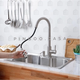 Kit Cuba para Cozinha Pia Inox com Acessórios Tábua e Lixeira Carajás e Torneira Gourmet Monocomando Extensível Iriri Prata Escovado