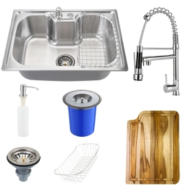 Kit Cuba para Cozinha Pia Inox Com Acessórios Tábua e Lixeira Carajás e Torneira Gourmet Monocomando Munim Prata