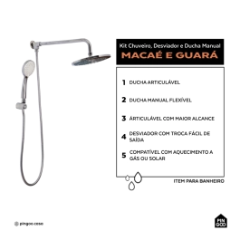Kit Chuveiro Redondo de Parede Macaé com Desviador Mundaú e Ducha Manual Guará Pingoo.casa - Prata