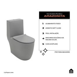 Kit Vaso Sanitário Monobloco Amazonita e Ducha Higiênica para Banheiro Jacuí - Cinza e Preto