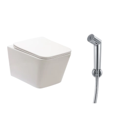 Kit Vaso Sanitário Suspenso Saída Horizontal Esmeralda e Ducha Manual Apa Pingoo.casa - Branco e Prata