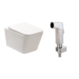 Kit Vaso Sanitário Suspenso Saída Horizontal Esmeralda e Ducha Manual Jacuí Pingoo.casa - Branco e Prata