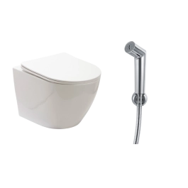 Kit Vaso Sanitário Suspenso Saída Horizontal Hematita e Ducha Manual Apa Pingoo.casa - Branco e Prata