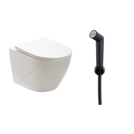 Kit Vaso Sanitário Suspenso Saída Horizontal Hematita e Ducha Manual Apa Pingoo.casa - Branco e Preto