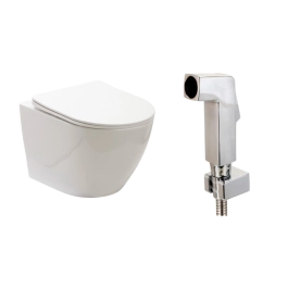 Kit Vaso Sanitário Suspenso Saída Horizontal Hematita e Ducha Manual Jacuí Pingoo.casa - Branco e Prata