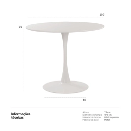 Mesa de Jantar e cozinha Redonda 100 cm Tulipa com Tampo em MDF Laqueado - Branco