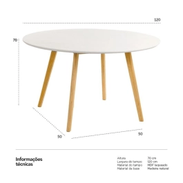 Mesa de Jantar e cozinha Redonda 120 cm Leda com Tampo em MDF Laqueado - Branco