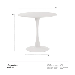 Mesa de Jantar e cozinha Redonda 80 cm Tulipa com Tampo em MDF Laqueado - Branco