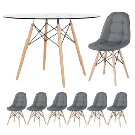 Mesa Eames com tampo de vidro 120 cm + 6 cadeiras estofadas Eiffel Botonê - Cinza Escuro Mesa Eames com tampo de vidro 120 cm + 6 cadeiras estofadas Eiffel Botonê - Cinza Escuro
