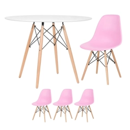 Mesa redonda Eames 100 cm branco + 3 cadeiras Eiffel DSW Rosa claro