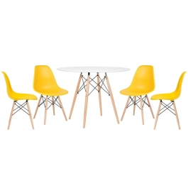 Mesa redonda Eames 100 cm branco + 4 cadeiras Eiffel DSW - Amarelo