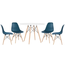 Mesa redonda Eames 100 cm branco + 4 cadeiras Eiffel DSW - Azul Petróleo