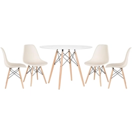 Mesa redonda Eames 100 cm branco + 4 cadeiras Eiffel DSW - Creme