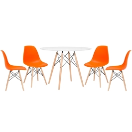 Mesa redonda Eames 100 cm branco + 4 cadeiras Eiffel DSW - Laranja