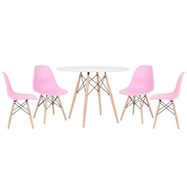 Mesa redonda Eames 100 cm branco + 4 cadeiras Eiffel DSW - Rosa claro