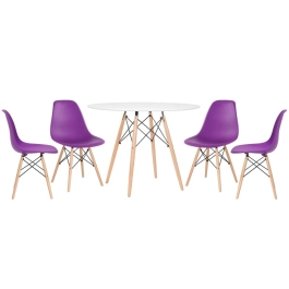 Mesa redonda Eames 100 cm branco + 4 cadeiras Eiffel DSW - Roxo