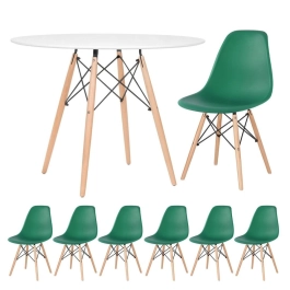 Mesa redonda Eames 100 cm branco + 6 cadeiras Eiffel DSW - Verde escuro