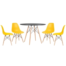 Mesa redonda Eames 100 cm preto + 4 cadeiras Eiffel DSW - Amarelo