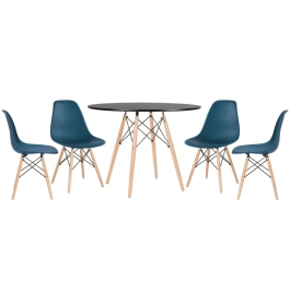 Mesa redonda Eames 100 cm preto + 4 cadeiras Eiffel DSW - Azul Petróleo