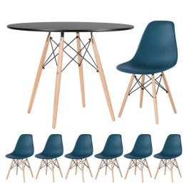 Mesa redonda Eames 100 cm preto + 6 cadeiras Eiffel DSW - Azul Petróleo