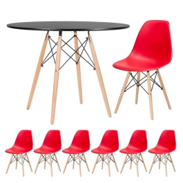Mesa redonda Eames 100 cm preto + 6 cadeiras Eiffel Dsw Vermelho