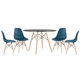 Mesa redonda Eames 120 cm + 4 cadeiras Eames DSW - Azul Petróleo