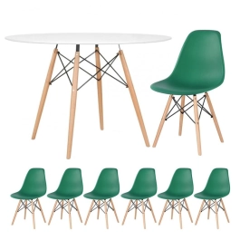Mesa redonda Eames 120 cm branco + 6 cadeiras Eiffel DSW Verde escuro