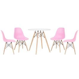 Mesa redonda Eames 70 cm + 4 cadeiras Eiffel DSW - Rosa