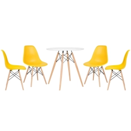Mesa redonda Eames 70 cm branco + 4 cadeiras Eiffel Dsw Amarelo