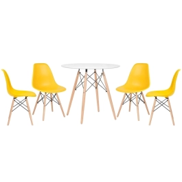Mesa redonda Eames 80 cm + 4 cadeiras Eames Eiffel DSW - Amarelo