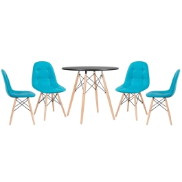 Mesa redonda Eames 80 cm preto + 4 cadeiras estofadas Eiffel Botonê Azul Piscina Mesa redonda Eames 80 cm preto + 4 cadeiras estofadas Eiffel Botonê Azul Piscina