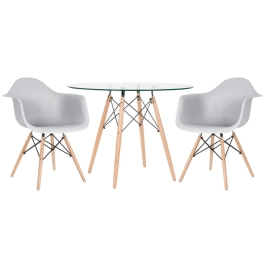 Mesa redonda Eames com tampo de vidro 100 cm + 2 cadeiras Eiffel DAW - Cinza Claro