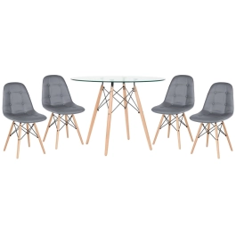 Mesa redonda Eames com tampo de vidro 100 cm + 4 cadeiras Eiffel Botonê - Cinza Escuro