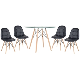 Mesa redonda Eames com tampo de vidro 100 cm + 4 cadeiras Eiffel Botonê - Preto Mesa redonda Eames com tampo de vidro 100 cm + 4 cadeiras Eiffel Botonê - Preto
