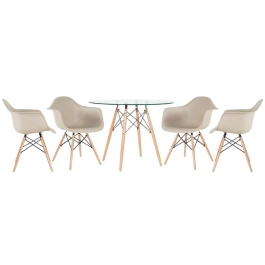 Mesa redonda Eames com tampo de vidro 100 cm + 4 cadeiras Eiffel DAW - Nude