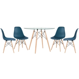 Mesa redonda Eames com tampo de vidro 100 cm + 4 cadeiras Eiffel DSW - Azul Petróleo