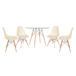 Mesa redonda Eames com tampo de vidro 100 cm + 4 cadeiras Eiffel DSW - Creme