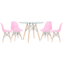 Mesa redonda Eames com tampo de vidro 100 cm + 4 cadeiras Eiffel DSW - Rosa Mesa redonda Eames com tampo de vidro 100 cm + 4 cadeiras Eiffel DSW - Rosa